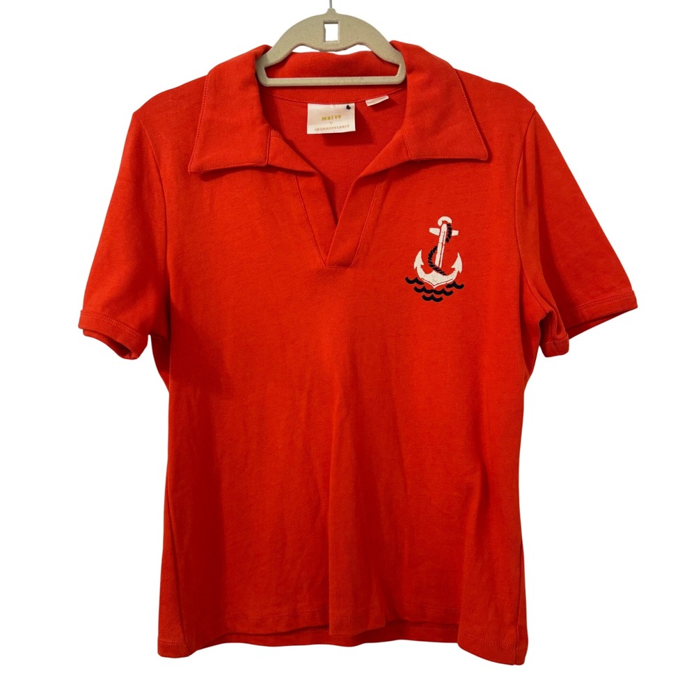 Maeve Anthropologie Polo Shirt Medium Orange Red Nautical Anchor Embroidered